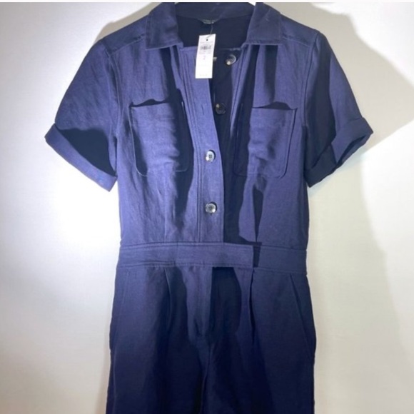 Ann Taylor Pants - Ann Taylor Linen Blend Navy Blue Jumpsuit Romper 14 Lightweight Cargo Summer